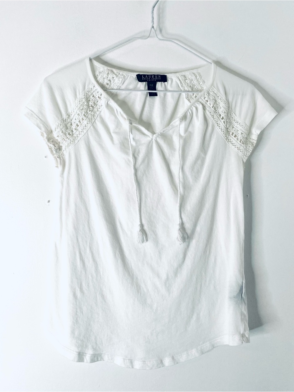 Lauren Ralph Lauren White Cotton Crochet Lace Peasant Tie Neck Top